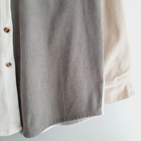 Colorblock Rib Corduroy Shacket Button Down Shirt Neutral White Gray Cream Sz L - Picture 5 of 12